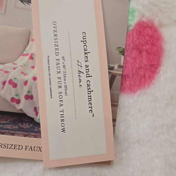 Cupcakes & Cashmere Oversized Faux Fur Cherry Patterned Sofa Throw Blanket - Picture 3 of 6